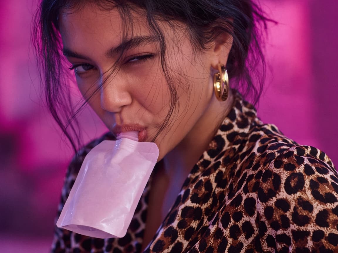 Woman in a leopard-print blouse squeezing a pudding pouch